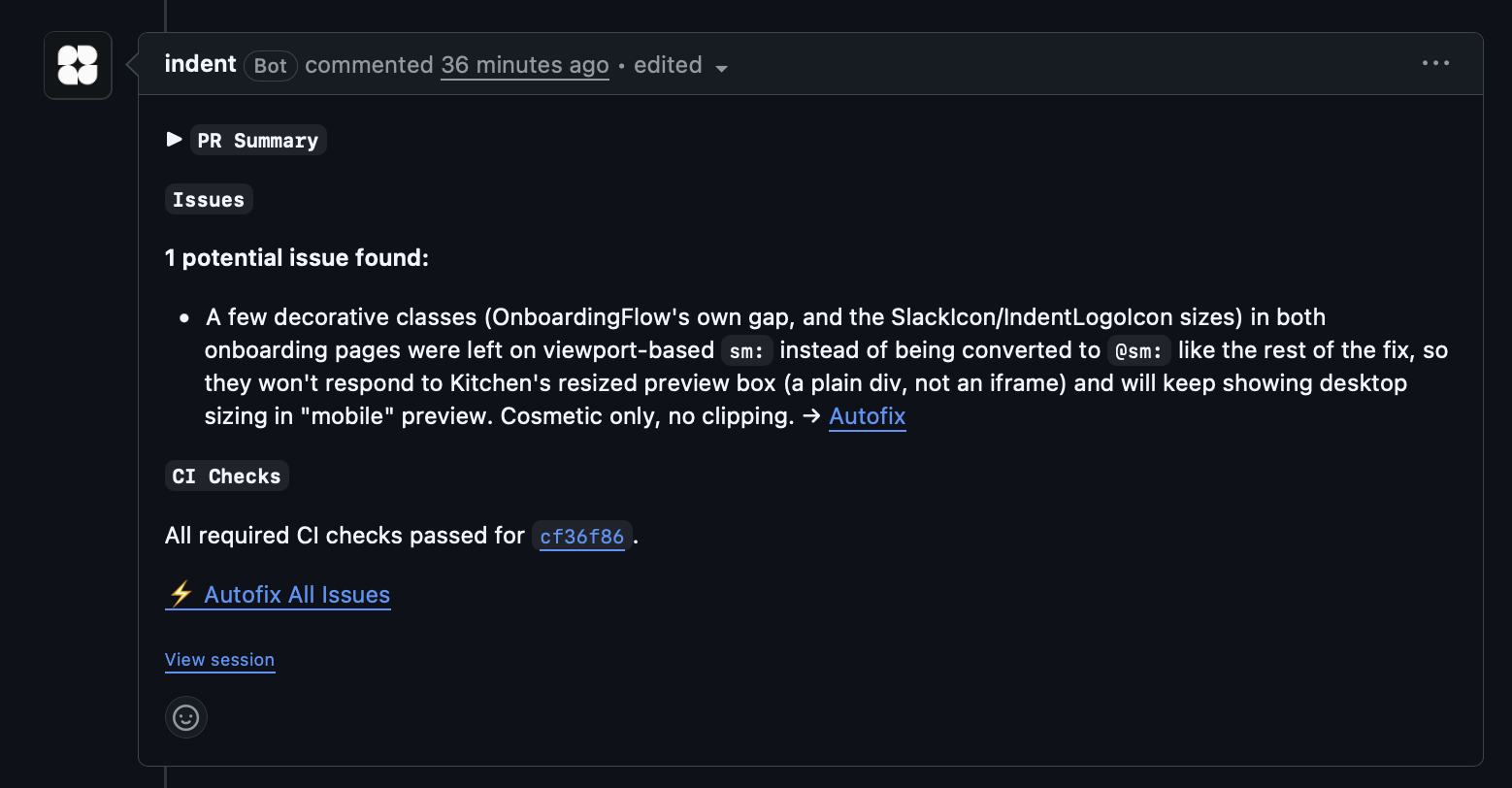 A review comment with an Autofix link on the finding and an Autofix All Issues link