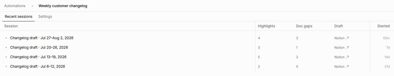 The Sessions tab of an automation, with columns for the values each run reported