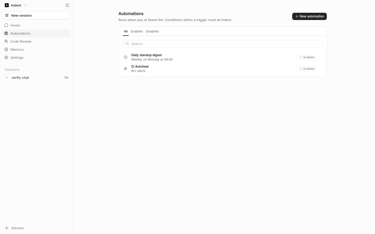 The automations list, showing a scheduled automation and a Slack-triggered one