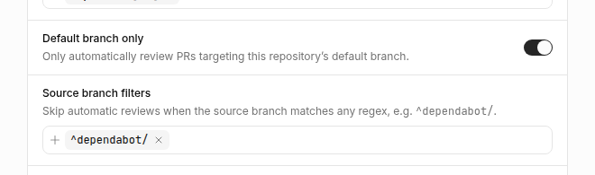 Code Review settings with Default branch only enabled and a source branch filter for Dependabot