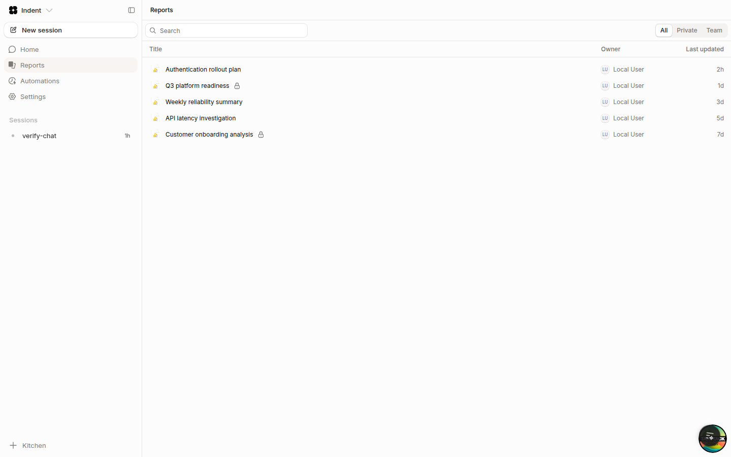 The Reports browser with search, visibility filters, and recently published reports